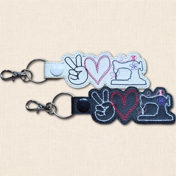 Sewing Machine Keyring - Peace Love Sewing Faux Leather Bag Charm