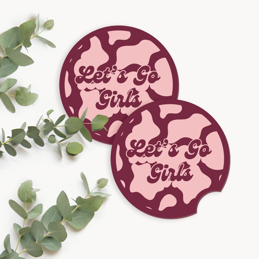 Let's Go Girls - Cow Print Car Coaster Set: Girly Car Accessory, Small Gift