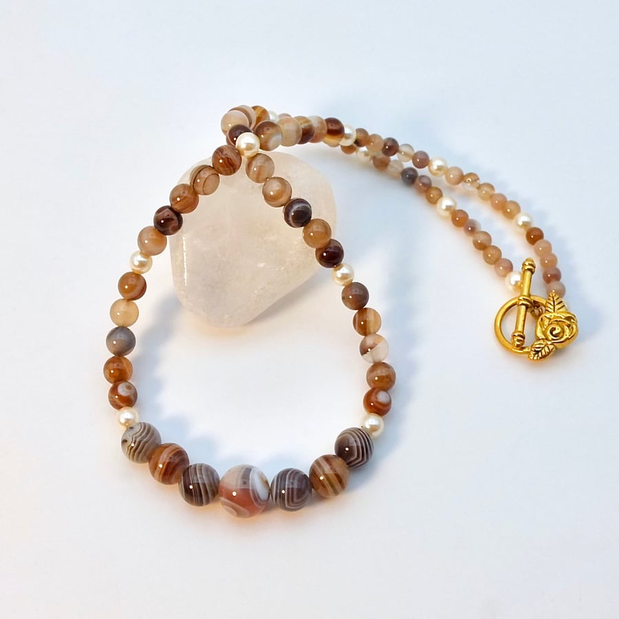Striped Agate & Glass Pearl Necklace, June Birthstone, Anniversary Gifts For Her