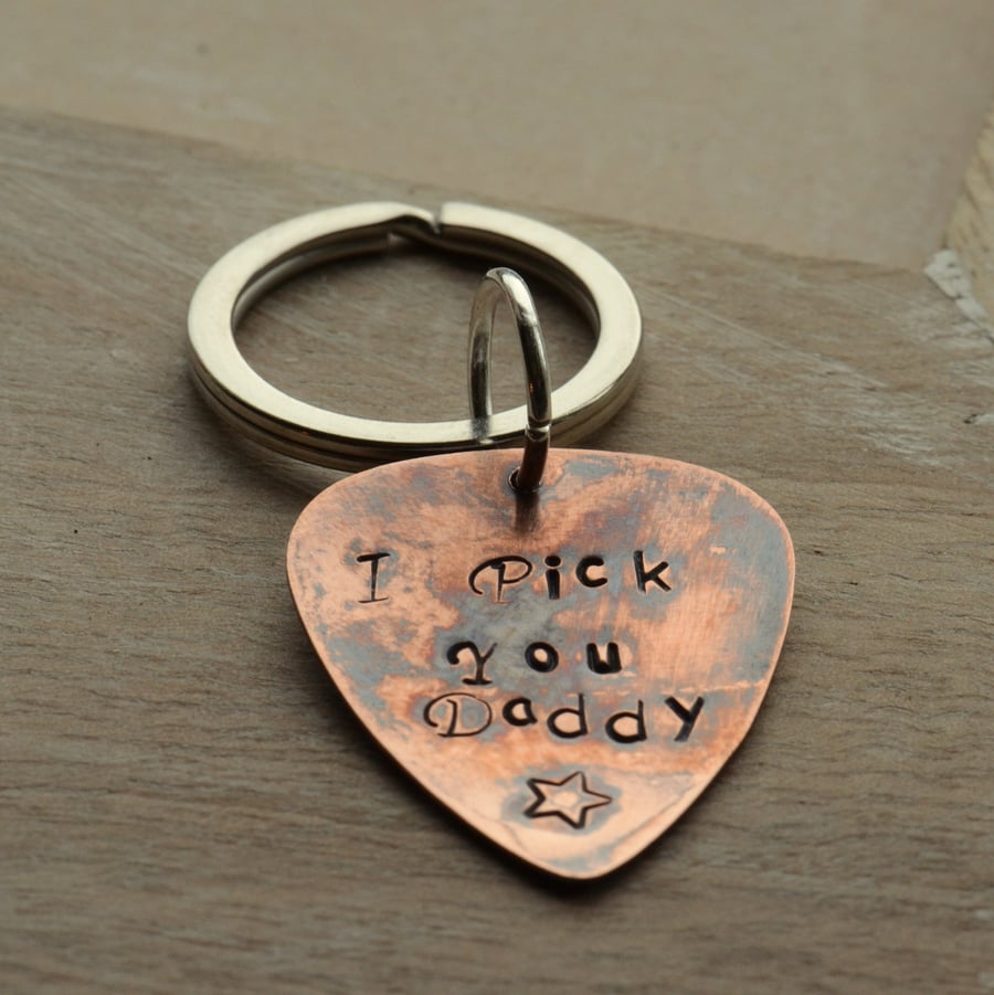 Handmade Hand Stamped Copper Guitar Pick Daddy Personalised Keyring