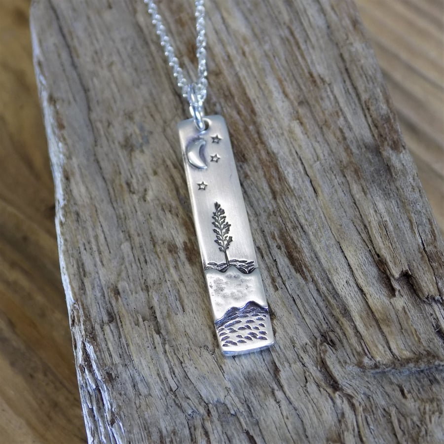 Sterling silver tree stars and moon pendant