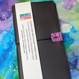 Black Recycled Leather Midori Refillable Notebook H5 A5 Slim - Purple Patent Tag