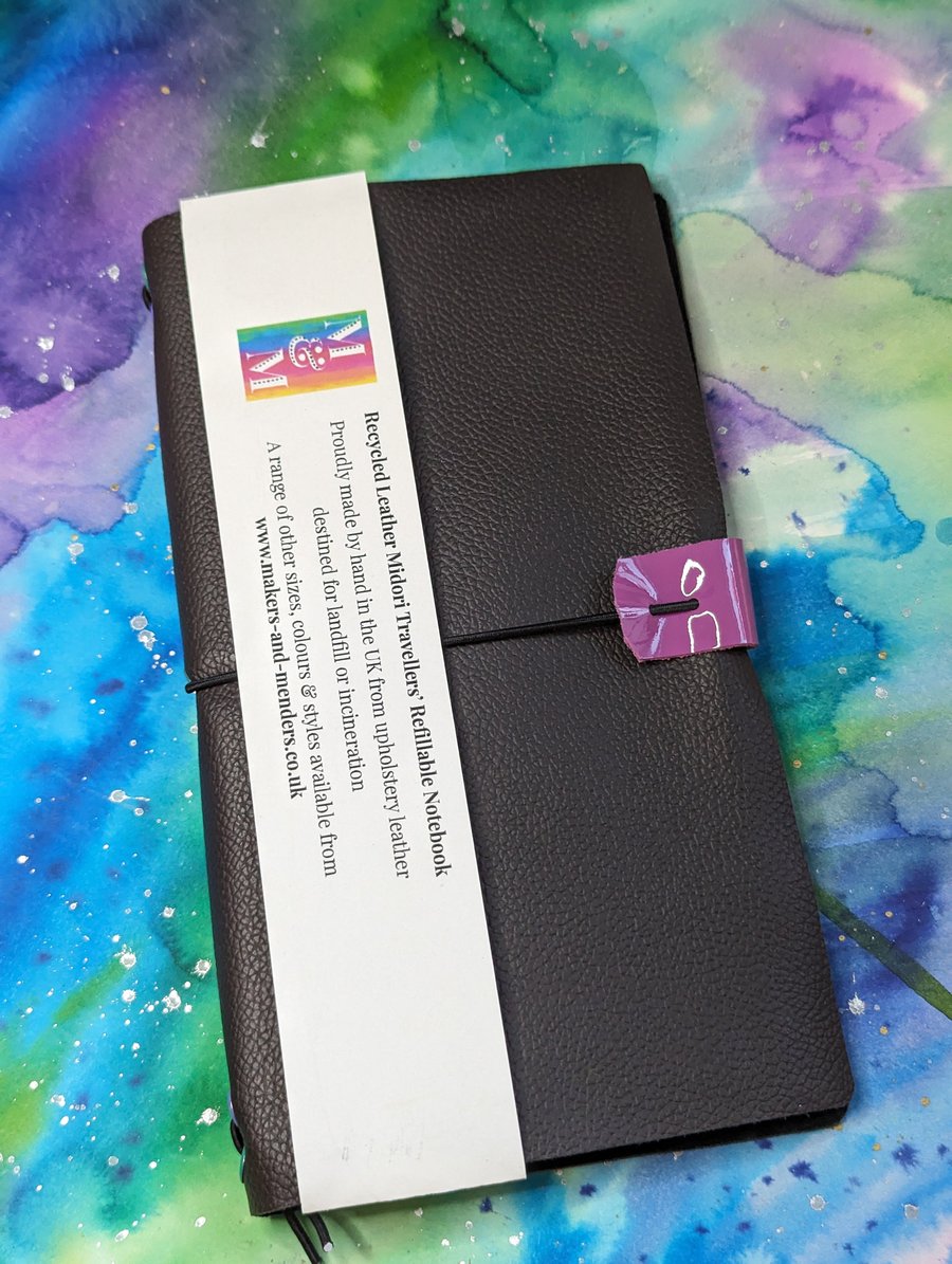 Black Recycled Leather Midori Refillable Notebook H5 A5 Slim - Purple Patent Tag