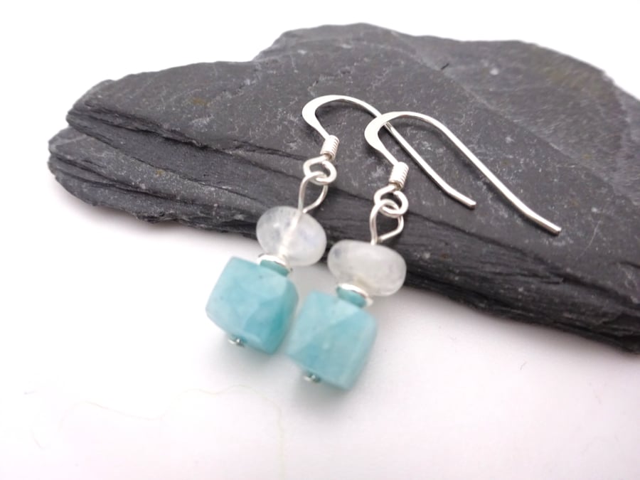 amazonite and rainbow moonstone gemstone earrings
