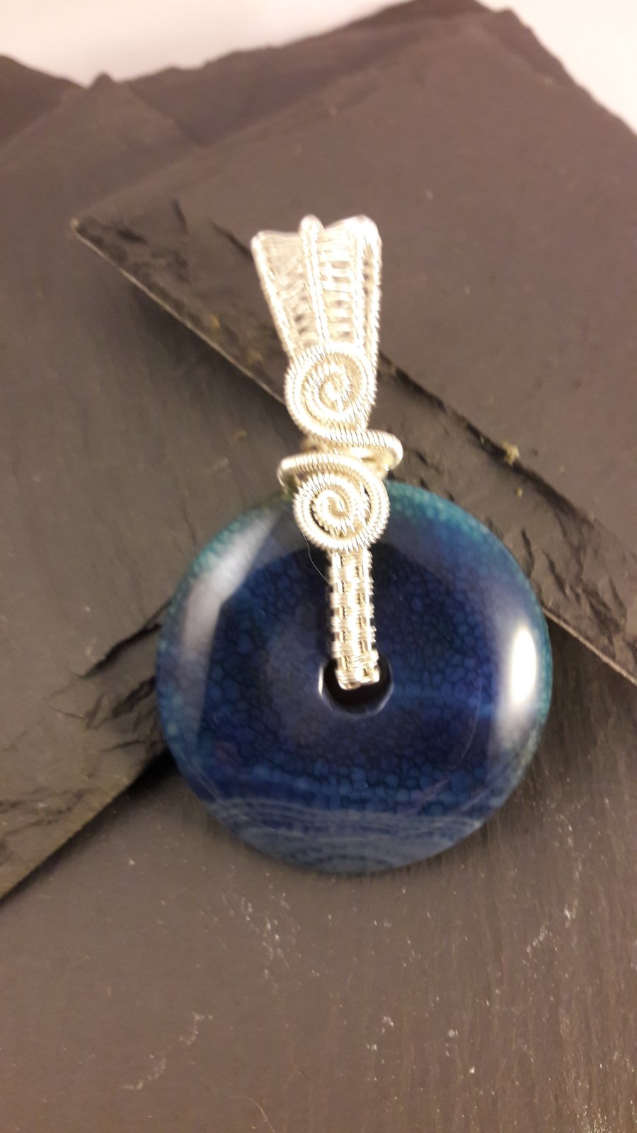 Blue Agate Donut Reversible Wire Wrapped Pendant