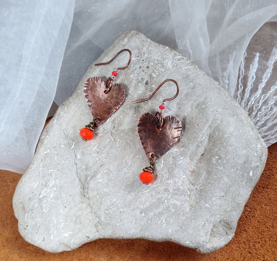"Love Hearts"  textured copper earrings with glass beads