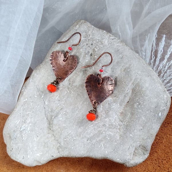 "Love Hearts"  textured copper earrings with glass beads