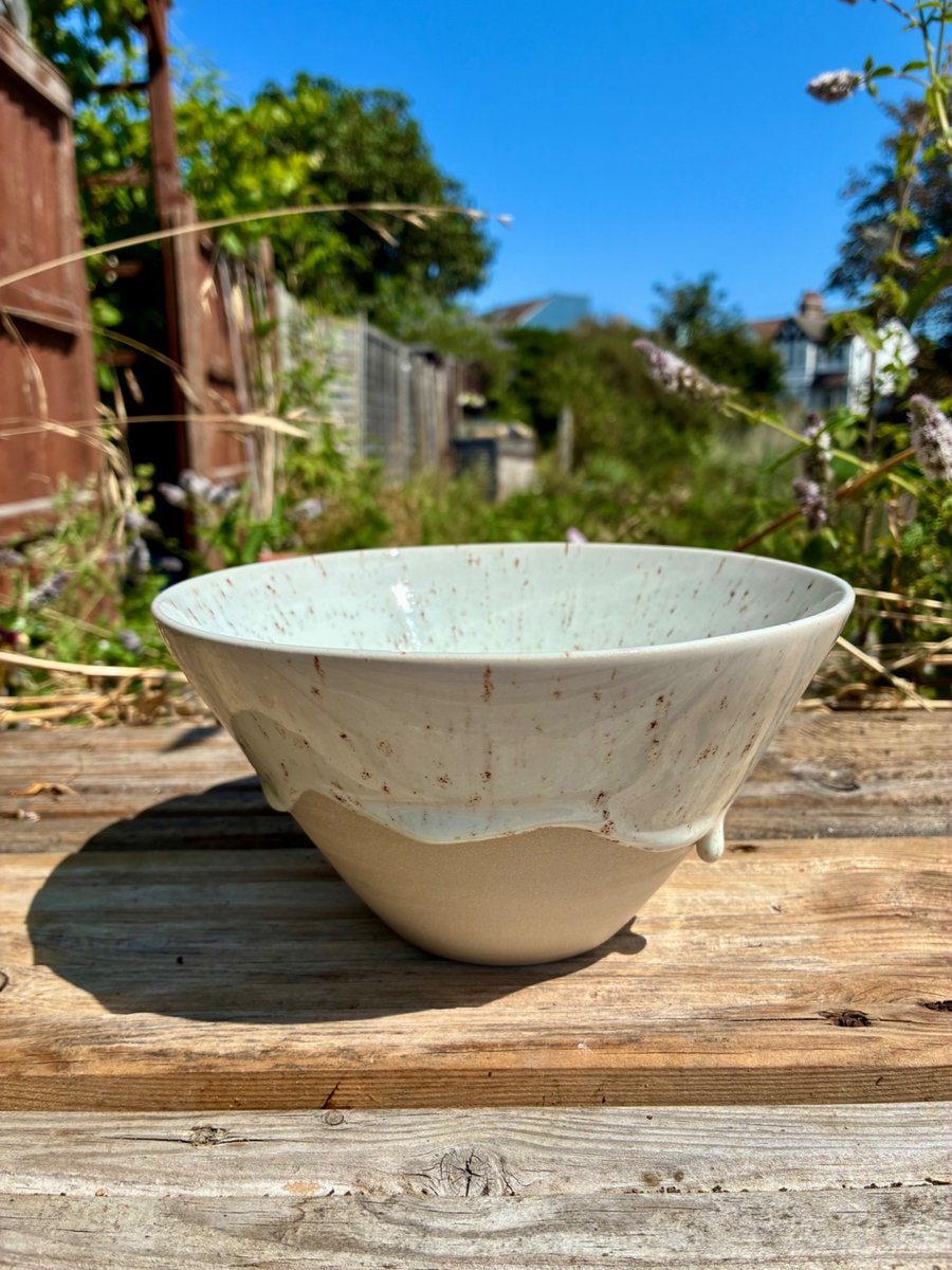 Handmade Speckled White Ceramic Bowl - Drippy Glaze - Stoneware