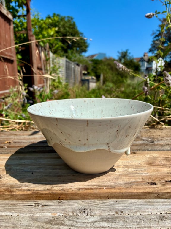 Handmade Speckled White Ceramic Bowl - Drippy Glaze - Stoneware