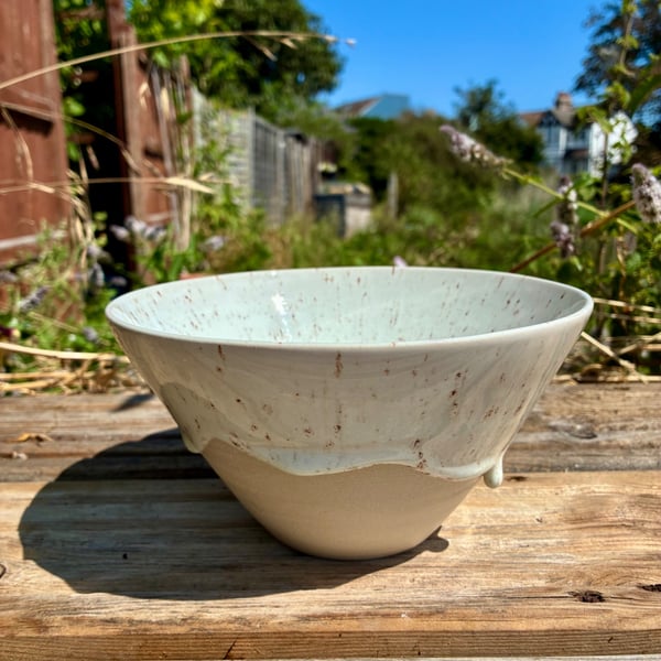 Handmade Speckled White Ceramic Bowl - Drippy Glaze - Stoneware