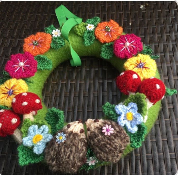 Handcrafted, knitted  woodland wreath  wreath 12 inches  
