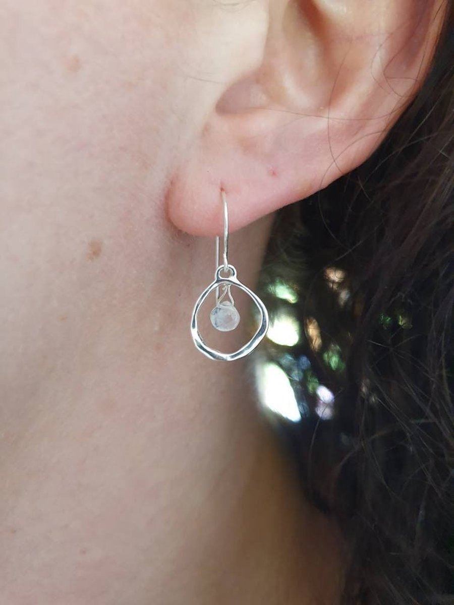 Dainty rainbow moonstone and sterling silver circle drop dangle earrings