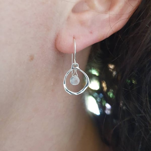 Dainty rainbow moonstone and sterling silver circle drop dangle earrings