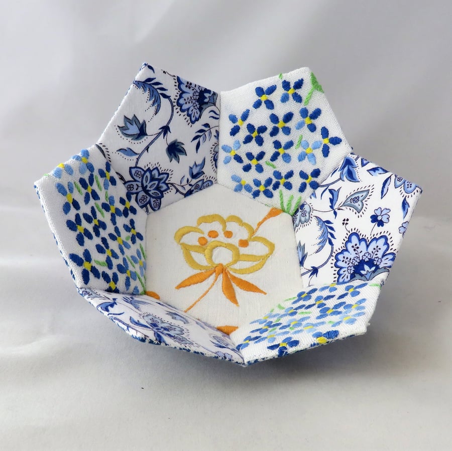 Patchwork Trinket Bowl Blue, White and Yellow from vintage linen