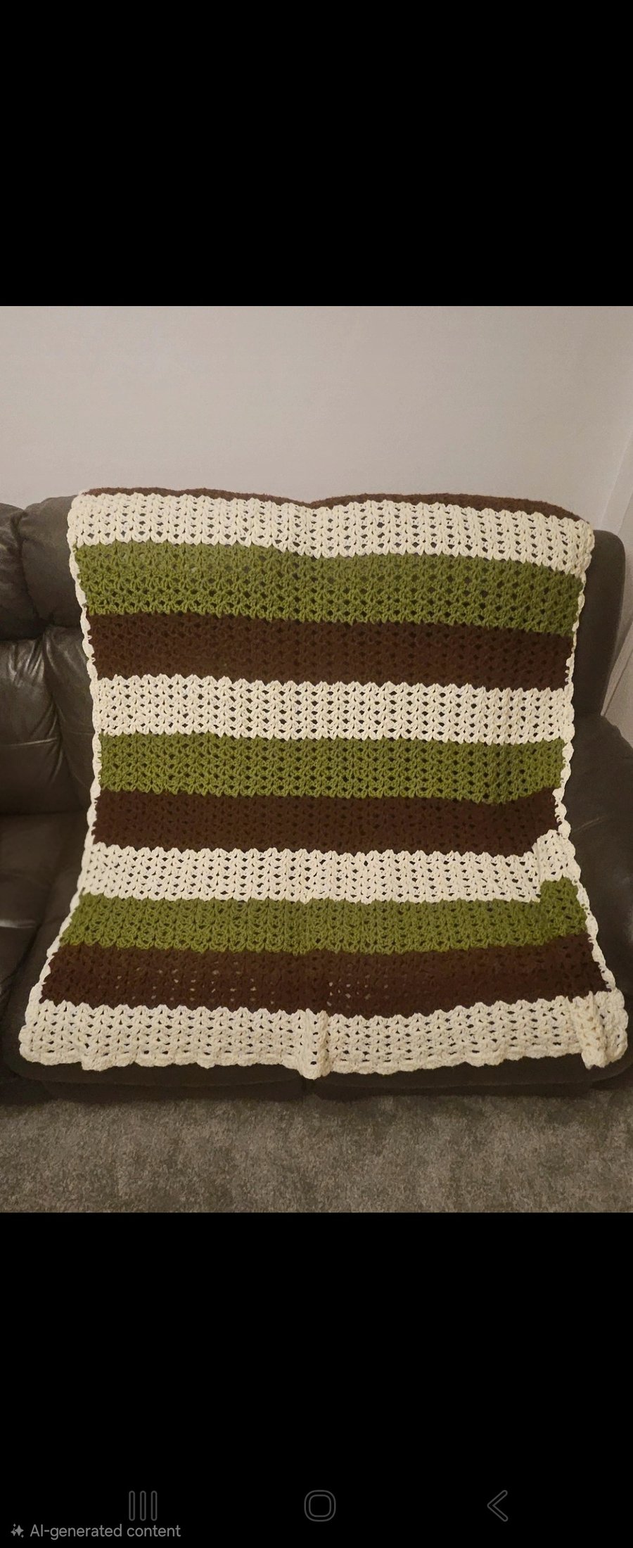Handmade Crochet Blanket – Cream, Green & Brown Stripes, Single Bed Size