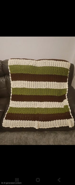 Handmade Crochet Blanket – Cream, Green & Brown Stripes, Single Bed Size