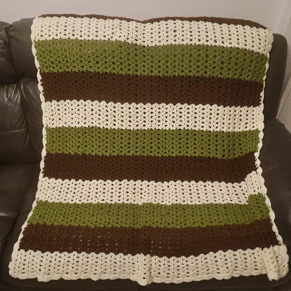 Handmade Crochet Blanket – Cream, Green & Brown Stripes, Single Bed Size