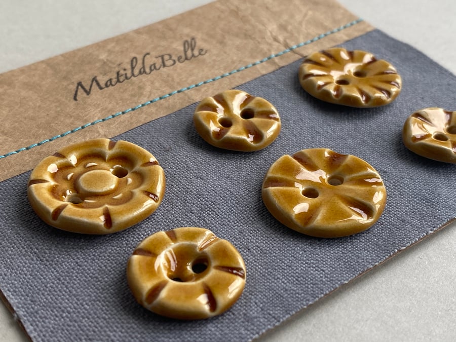 Buttons handmade Mixed set of Six ceramic Honey glazed buttons