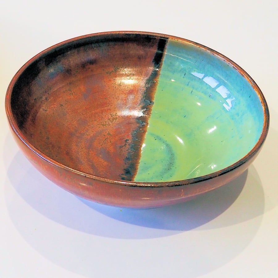 Ancient copper, turquoise bowl handmade pottery