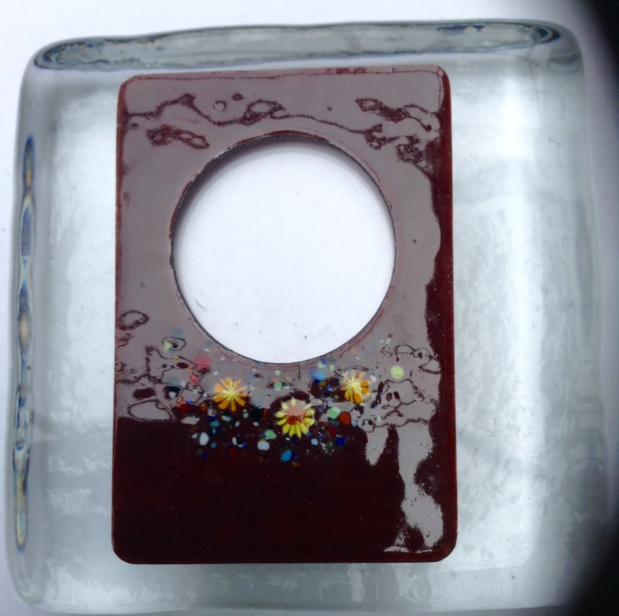 Enamelled photo frame in copper with molten glass flowers - chestnut brown