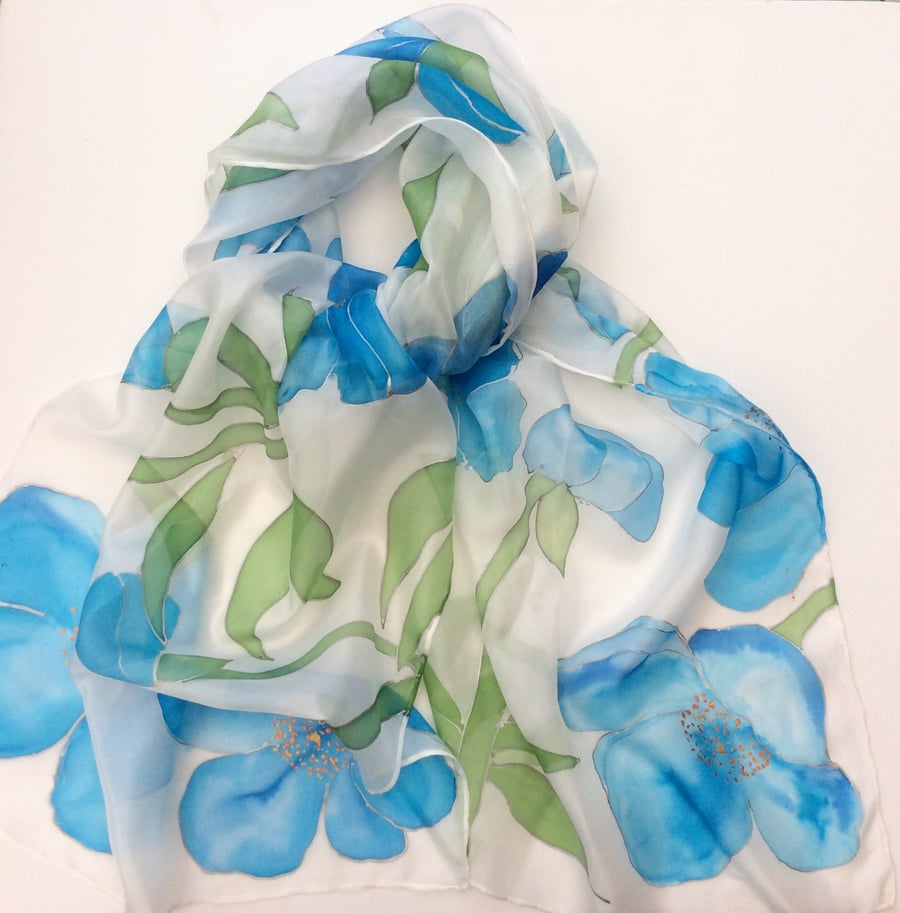 Himalayan Poppy hand painted silk scarf.  Blue Poppy Scarf