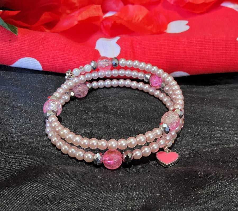 Valentines Memory Wire Bracelet - Pink and Silver