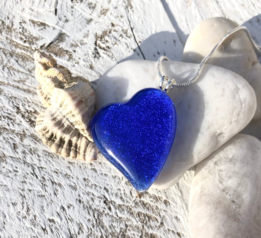 Silver & Blue Glass Heart Necklace