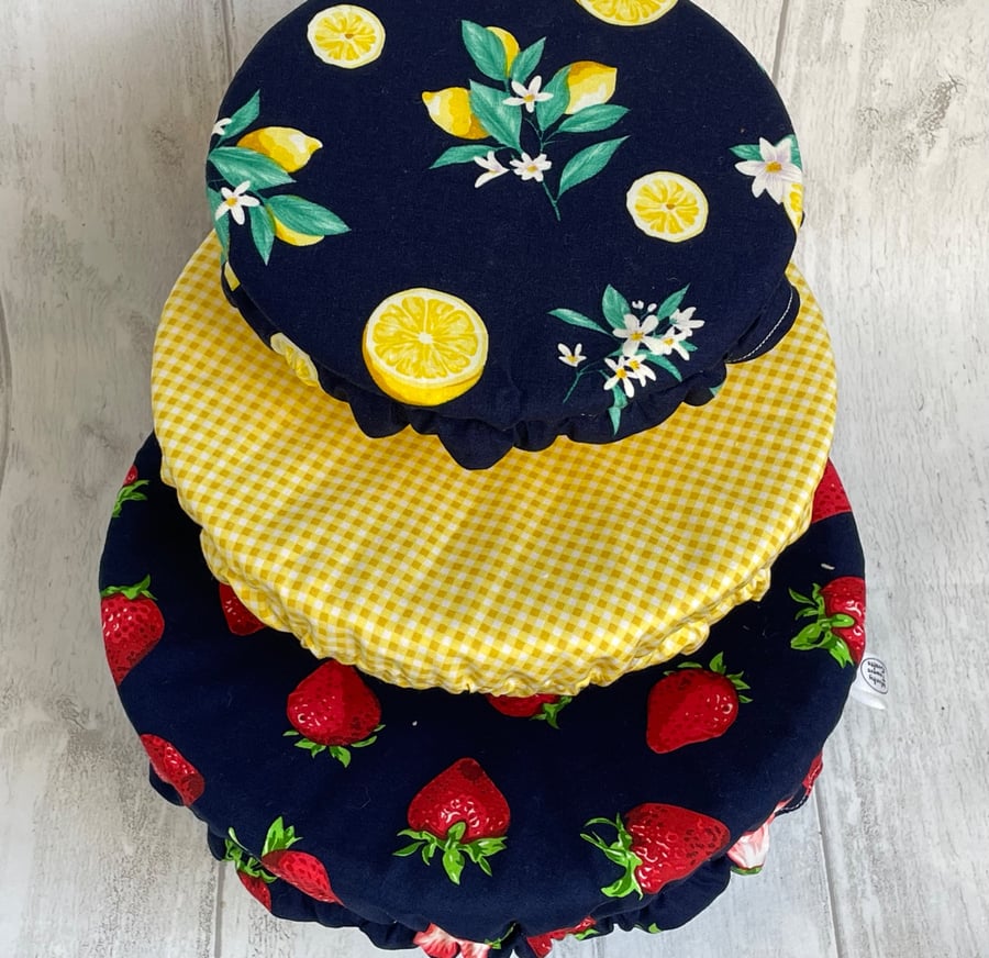 Reusable bowl covers - set of three. Strawberries and lemons