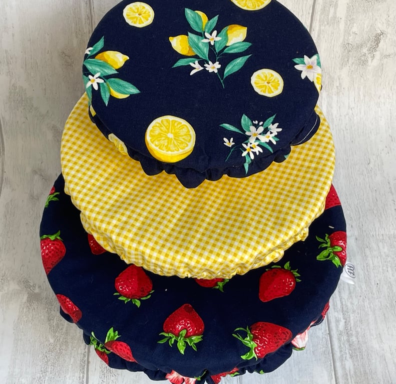 Reusable bowl covers - set of three. Strawberries and lemons