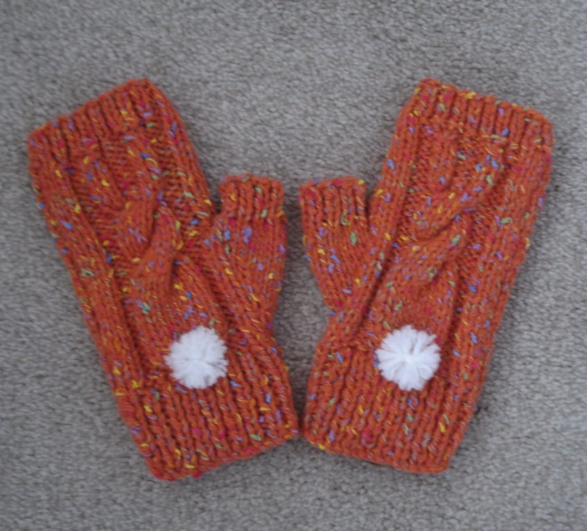 Ginger Orange Fingerless Gloves With A Bunny Motif With White Bobble Tail (J106)