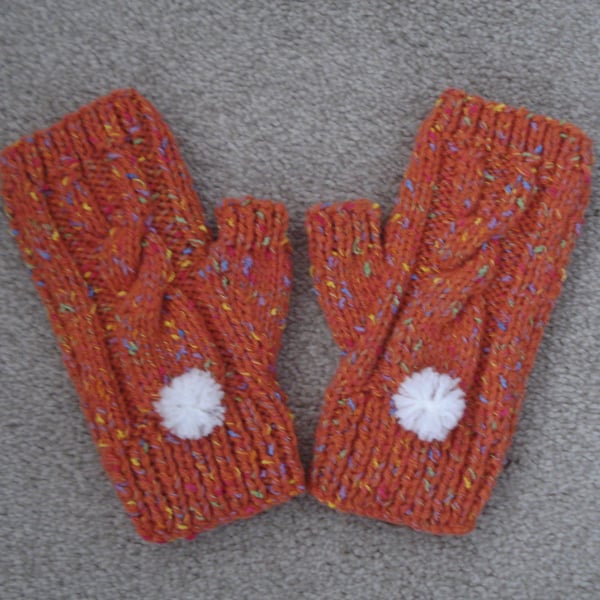 Ginger Orange Fingerless Gloves With A Bunny Motif With White Bobble Tail (J106)