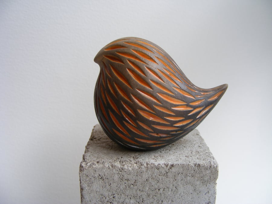 Raku fired carved round bird (B) 