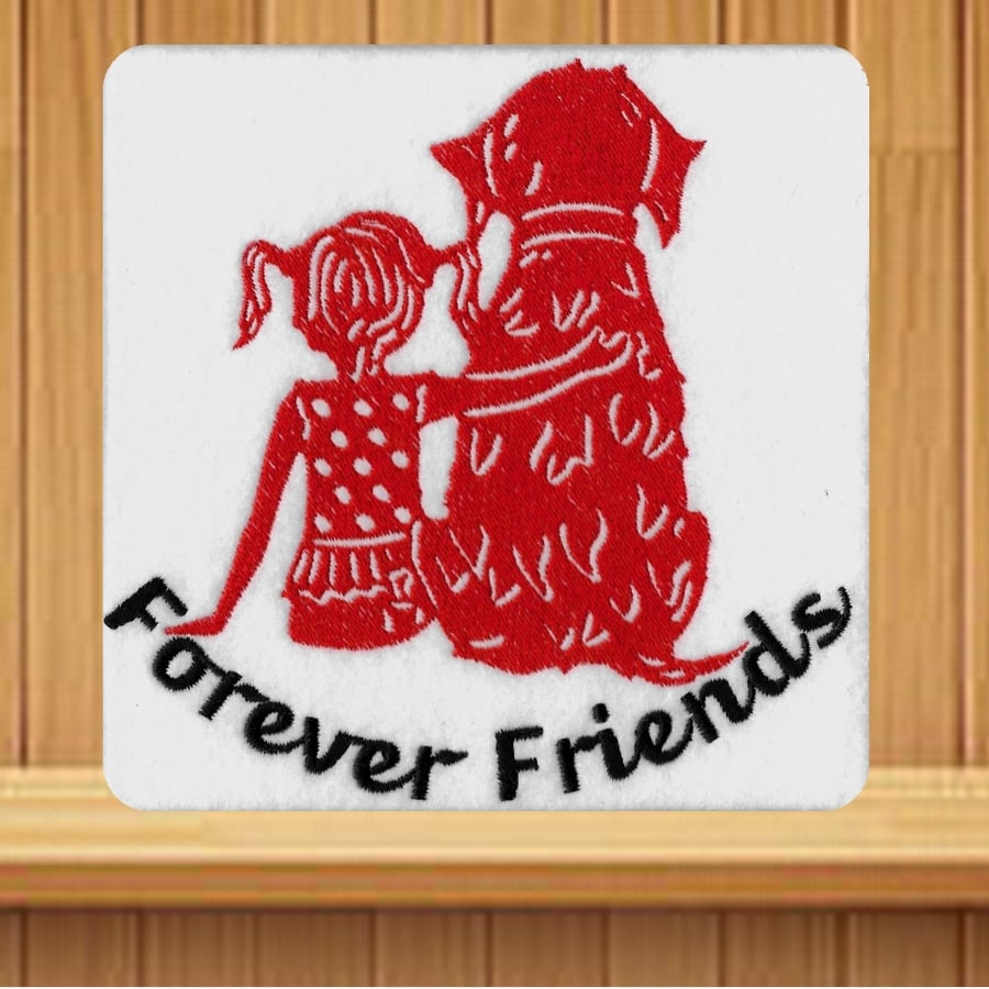 Handmade Embroidered Forever Friends Dog & Girl Design greetings card 