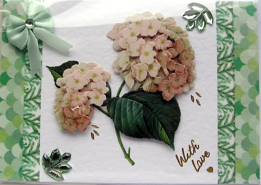 Hydrangea Flower Hand Crafted 3D Decoupage Card - With Love (2526)
