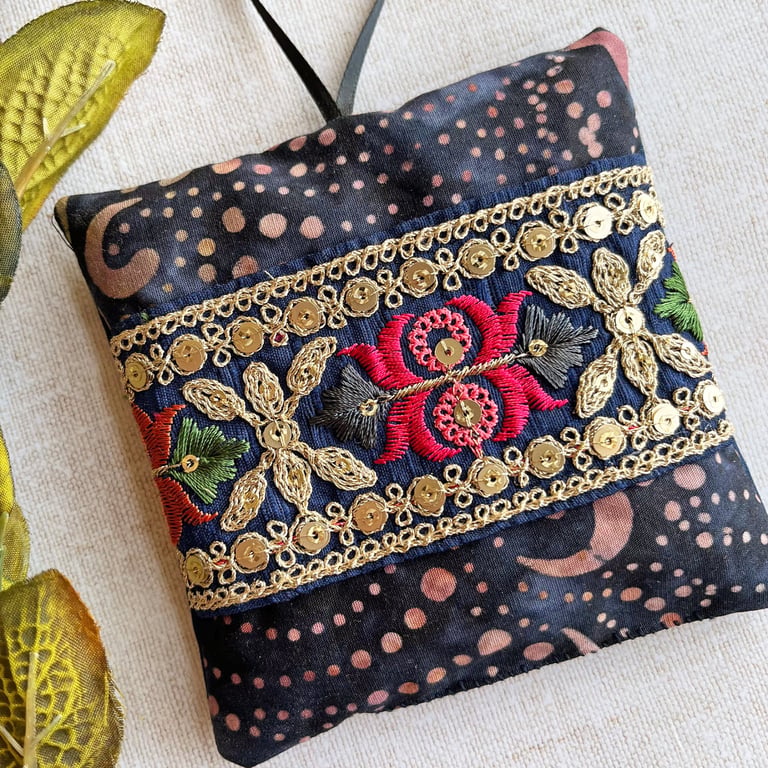 A pretty batik lavender bag with embroidered trim, scented gift, 