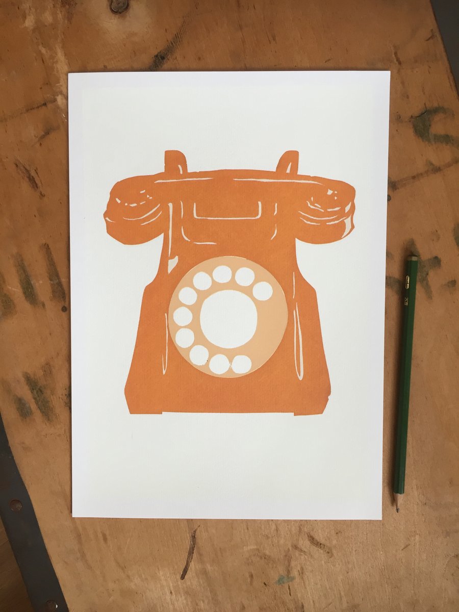 Orange Retro Telephone - Handmade Silkscreen Print
