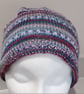 Handknit Beanie Hat 100% MERINO Stripey jacquard in purples, pastels & red Med - Image 7