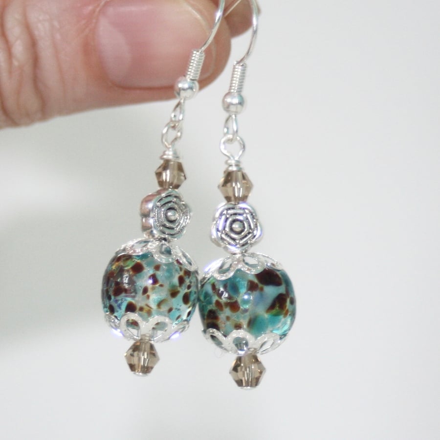 Aqua and brown lampwork glass earrings