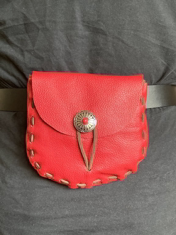 Red Leather Medieval Style Pouch w Decorative Button Closure - FREE SHIPPING