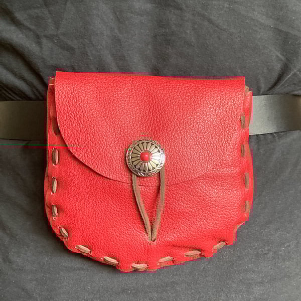 Red Leather Medieval Style Pouch with Decorative Red Stone Button Closure