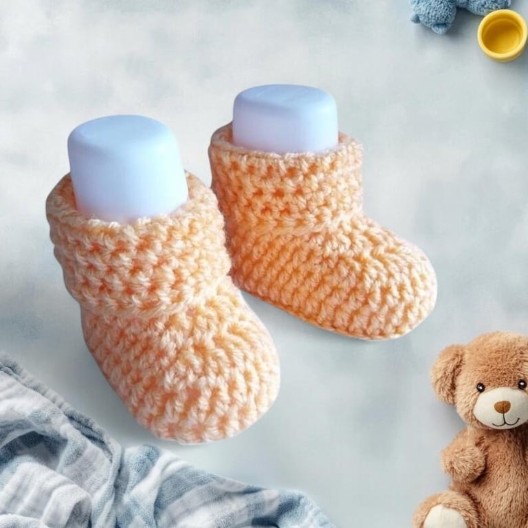Crochet Baby Booties for Boy or Girl, Light Orange Slip-On Crib Shoes