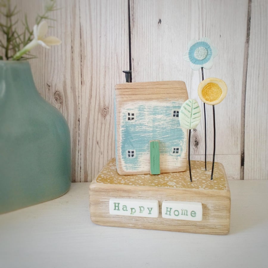Little Cottage with Clay Flowers and Leaf 'Happy Home'