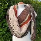 Long shallow crescent shawl oversized scarf in soft Autumn inspired wool yarn