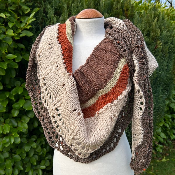 Long shallow crescent shawl oversized scarf in soft Autumn inspired wool yarn