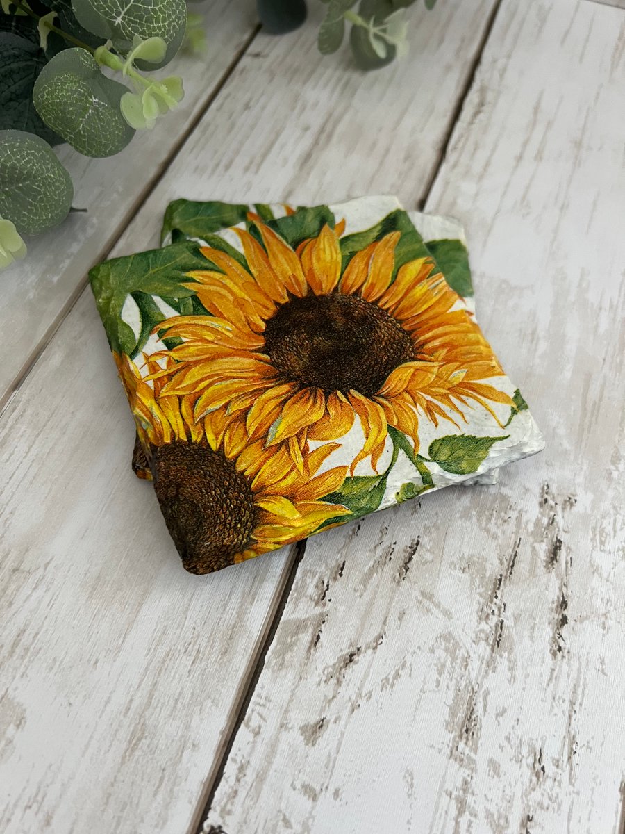 Slate Coaster Set of 2: Decoupage Sunflowers- Home Decor, Dining, Gifts, Kitchen