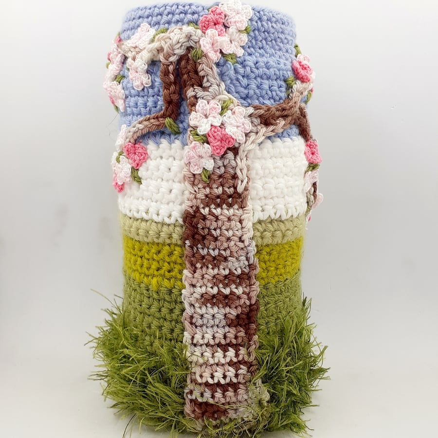 Reserved for Cristina Crochet Covered  Jar with Blossom Tree Design 