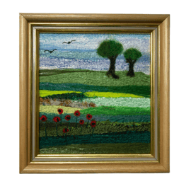 Textile Art, framed needle felted silk and wool, Poppies in fields