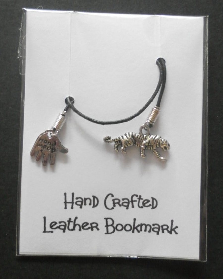 SALE - Leather thong and tiger charm bookmark