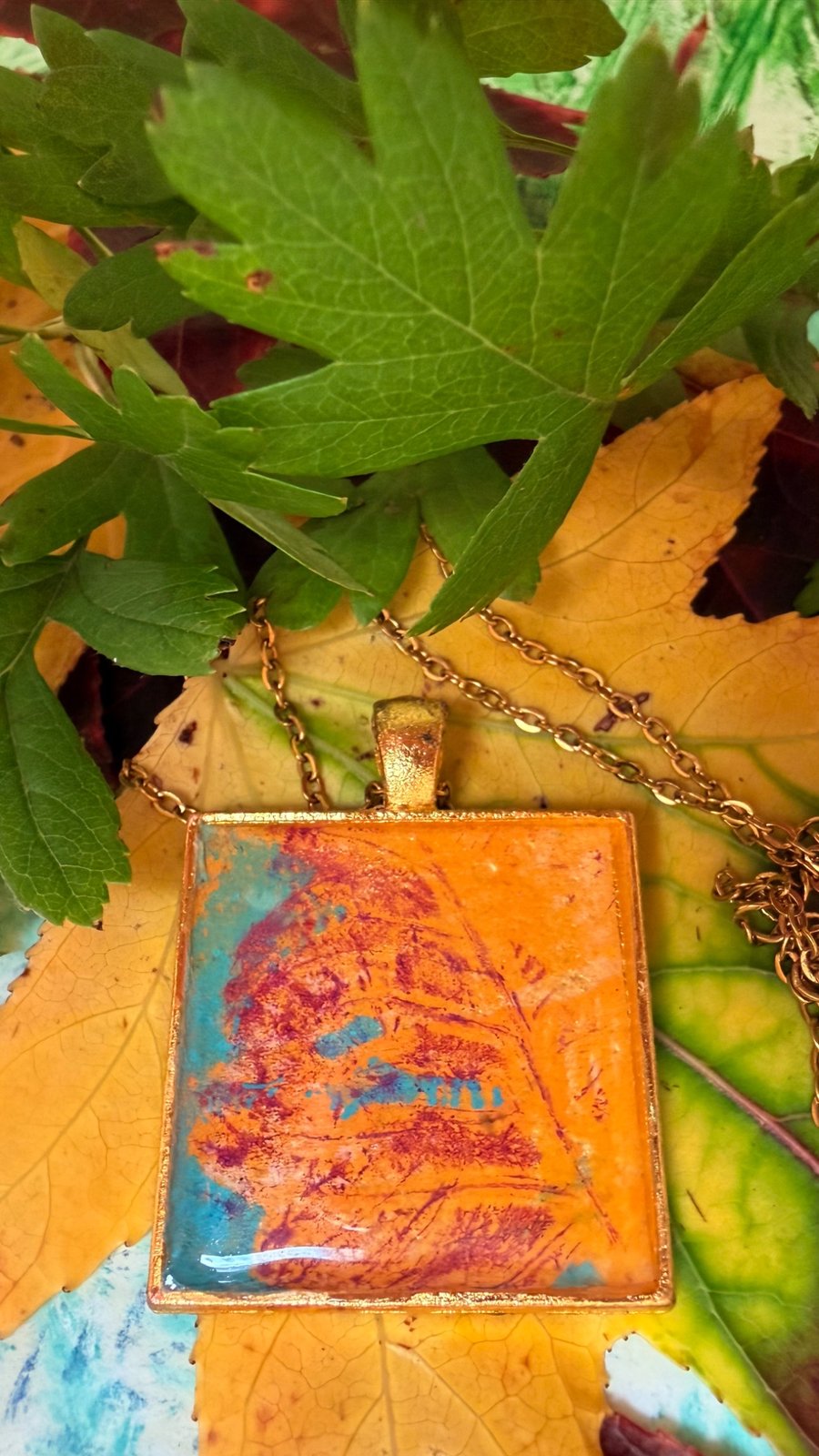 Hawthorn original artwork pendant  in tones of turquoise and yello