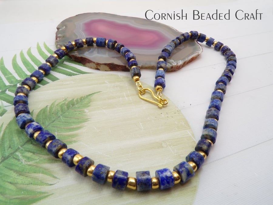 Adorable Blue Lapis Lazuli Necklace -Gold Toho Beads-14K Gold Clasp-FREE UK P&P